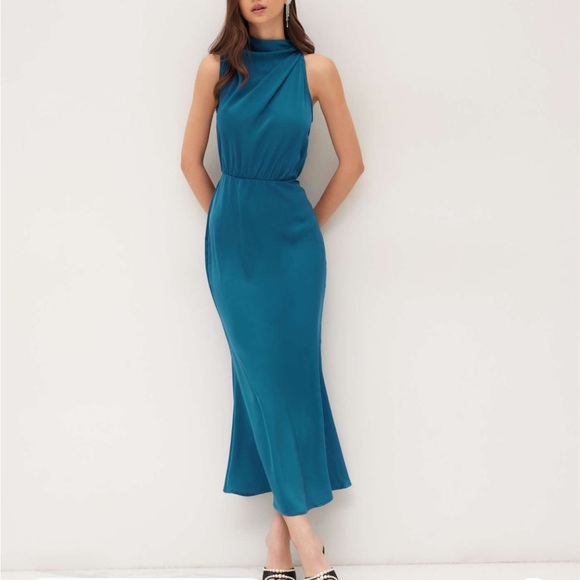 Cider Dresses & Skirts - Cider Satin High Neck Sleeveless Ruched Maxi Wedding Guest Dress Size XXS